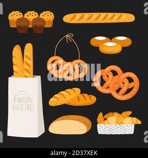 Pain frais et pâtisserie isolé sur fond noir. Éléments de boulangerie Vector. Pain, boulangerie fraîche, gâteau et croissant Illustration de Vecteur