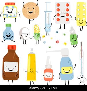 Médicaments amusants. Émoticônes de médecine sur les pilules blanches, humour emoji, dessins de capsules médicales de dessin, premiers caractères de secours, illustration vectorielle Illustration de Vecteur