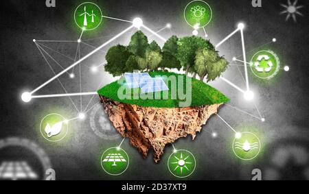 Île avec arbres, herbe, panneaux solaires et symboles sur fond bleu comme énergie renouvelable. Concept des énergies renouvelables Banque D'Images