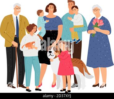 Grande famille. Père et mère, grand-mère et grand-père, enfants et ensemble de vecteurs d'animaux de compagnie Illustration de Vecteur