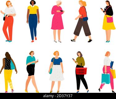 Femmes décontractées. Adultes femmes personnages avec sacs de shopping et téléphones mobiles, visage souriant femmes groupe illustration vectorielle, mode de vie élégante dame isolée sur blanc Illustration de Vecteur