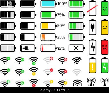 Icônes de charge et de signal mobile. Jeu d'icônes de la barre système de la batterie et du téléphone wi-fi, charge d'énergie ou pleine charge, signaux d'état de communication de niveau bas ou élevé, illustration vectorielle Illustration de Vecteur