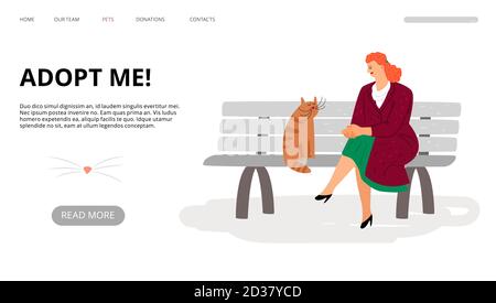 Page d'accueil pour l'adoption des animaux de compagnie. Bannière Web adopter moi. Vector caricature femme et chat sont assis sur le banc. Illustration de l'adopter moi, animal domestique Illustration de Vecteur