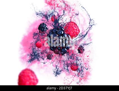 Framboises et mûres tombant de l'air sur fond blanc avec du jus de fruit. Concept de lévitation alimentaire, image haute résolution Banque D'Images