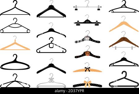 Ensemble de cintres pour vêtements. Robe et robe ensemble de cintres coloré isolé sur fond blanc, bois métal et bébé vide vêtements crochets Illustration de Vecteur