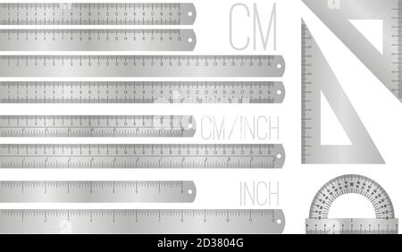 Lignes de règle en acier. Les règles en pouces et en millimètres métalliques vectoriels isolées sur des échelles blanches et métriques mesurent les objets avec des nombres, et mesurent les fournitures de bureau métalliques Illustration de Vecteur