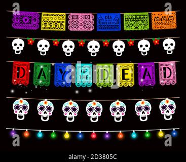 Day of Dead, Dia de los muertos, vecteur de décorations de fête. Pack isolé guirlande traditionnelle. Lampes de couleur éclatante, crâne de sucre suspendu sur l'élément de conception de ficelle. Fête traditionnelle mexicaine Illustration de Vecteur