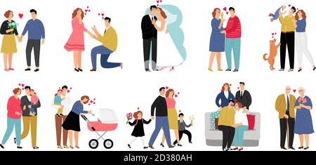 Étapes de la famille. Développement de la relation et du mariage avec l'enfant et le parent, heureux enceinte et couple avec le bébé, illustration vectorielle Illustration de Vecteur