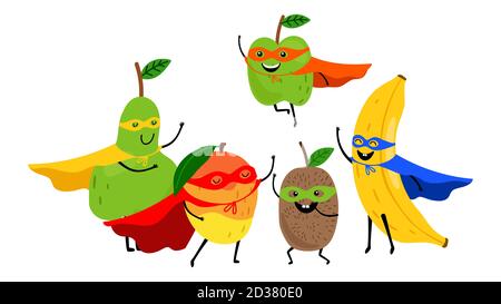 Super-héros de l'équipe fruits. Adorables superhéros de fruits de dessin animé isolés sur fond blanc Illustration de Vecteur