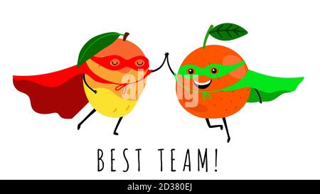Super fruits. Illustration vectorielle des super-héros de fruits souriants. BEST team joli imprimé isolé sur fond blanc Illustration de Vecteur