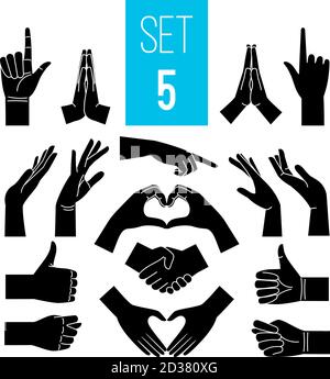 Gestes à mains noires. Icônes de main et de bras, signes graphiques de geste, femme vecteur gestantes silhouettes isolées sur fond blanc Illustration de Vecteur