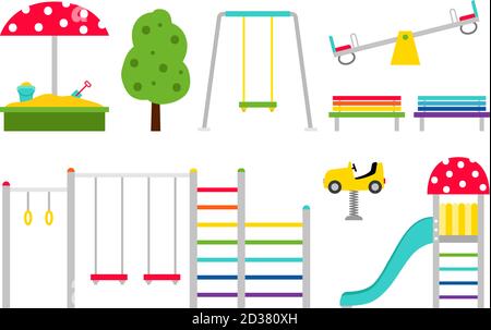 Terrain de jeu. Vector Outdoor Playgrounds icônes de couleur, dessin animé pour les enfants parc de loisirs, toboggan et échelle en plastique, balançoire et bac à sable Illustration de Vecteur