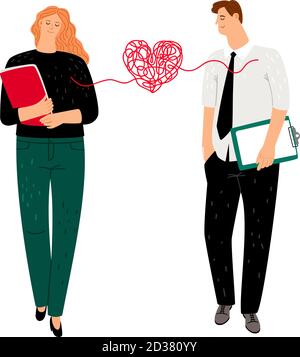 Couple en amour coeur lié. Amoureux romance couple caractères vecteur illustration, homme de bureau et jeune femme décontractée bande dessinée valentine personnes Illustration de Vecteur