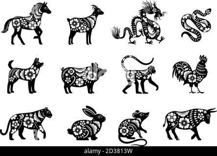 Horoscope chinois traditionnel avec fleurs. Ensemble d'animaux chinois du nouvel an, dessins de mascotte de tigre et serpent, de dragon et de porc avec motifs de flore Illustration de Vecteur