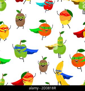 Motif Super fruits sans coutures. Texture vectorielle de fruit souriant super-héros. Joli imprimé isolé sur fond blanc Illustration de Vecteur