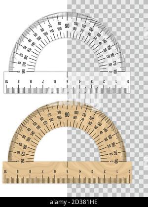 Règle de rapporteur. Protracteurs en plastique et en bois isolés sur fond blanc, outil de mesure des degrés d'angle vectoriel, instrument de géométrie mathématique scolaire Illustration de Vecteur