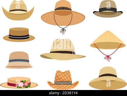 Chapeaux de jardinage de fermiers. Casquette japonaise asiatique et casquette de paille femelle, accessoire de tête de plage jaune et headaddress rural agricole traditionnel d'été isolé sur fond blanc Illustration de Vecteur