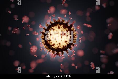 Groupe d'anticorps humains (IgG et IgM) attaquant un virus Corona (Covid 19). Un modèle précis basé sur des données structurelles scientifiques de l'APB. Banque D'Images