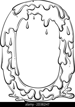 Numéro 0 avec gouttes d'eau et éclaboussures de matière. Symbole de liquide goutte à goutte. Police vectorielle tendance, style art au trait dessiné à la main, isolée sur fond blanc. Logo Slime ou lettre initiale. Illustration de Vecteur