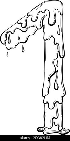 Numéro 1 avec gouttes d'eau et éclaboussures de matière première. Symbole de liquide goutte à goutte. Police vectorielle tendance, style art au trait dessiné à la main, isolée sur fond blanc. Logo Slime ou lettre initiale. Illustration de Vecteur