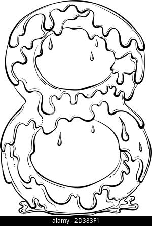 Numéro 8 avec gouttes d'eau et éclaboussures de matière. Symbole de liquide goutte à goutte. Police vectorielle tendance, style art au trait dessiné à la main, isolée sur fond blanc. Logo Slime ou lettre initiale. Illustration de Vecteur