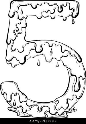 Numéro 5 avec gouttes d'eau et éclaboussures de matière. Symbole de liquide goutte à goutte. Police vectorielle tendance, style art au trait dessiné à la main, isolée sur fond blanc. Logo Slime ou lettre initiale. Illustration de Vecteur