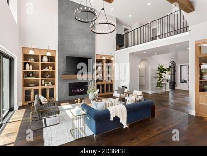 Magnifique salon dans une maison de luxe de style traditionnel. Cette chambre dispose de plafonds voûtés, d''une cheminée avec un feu de cheminée et d''un mobilier élégant. Banque D'Images