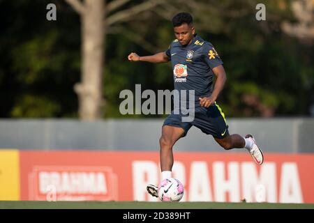 7 octobre 2020; Granja Comary, Teresopolis, Rio de Janeiro, Brésil; Qatar 2022 qualificatifs; Rodrygo du Brésil pendant la session de formation Banque D'Images