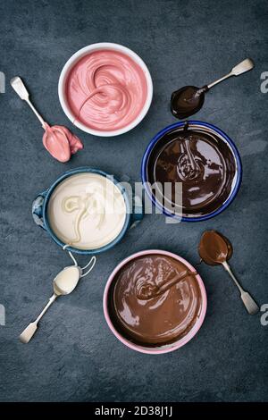Quatre types de chocolat fondu dans des bols. Chocolat noir, chocolat au lait, chocolat blanc et chocolat rubis Banque D'Images