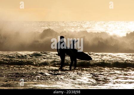 Silhouette des surfeurs dans l'océan Banque D'Images