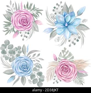 Collection de mariage Clipart Boho avec bouquet de fleurs. Ensemble de verdure rose fleur magnolia Illustration de Vecteur