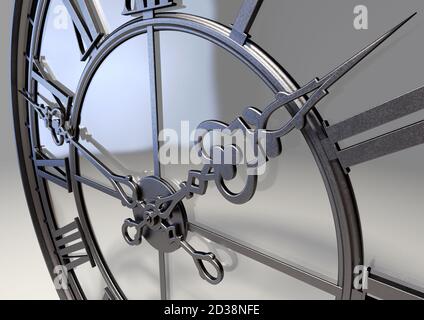 Un concept antique tour horloge fait d'un cadre en fer et un design avec un support en verre sur un studio isolé Arrière-plan - rendu 3D Banque D'Images