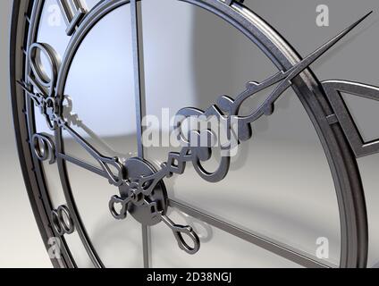 Un concept antique tour horloge fait d'un cadre en fer et un design avec un support en verre sur un studio isolé Arrière-plan - rendu 3D Banque D'Images