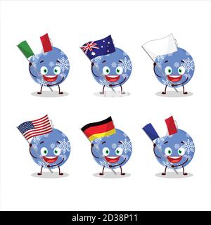 Le personnage de dessin animé bleu de boule de Noël apporte les drapeaux de divers pays Illustration de Vecteur