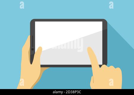 Main tenant la tablette et le doigt tactile avec écran blanc vierge. Illustration vectorielle Illustration de Vecteur