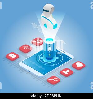 Smartphone isométrique avec assistant robot numérique à commande vocale, illustration vectorielle. Technologie de reconnaissance vocale. Illustration de Vecteur
