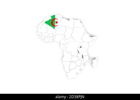 Afrique carte 3d avec frontières marquées - zone Algérie marquée Avec drapeau algérien - isolé sur fond blanc - 3D Illustration Banque D'Images