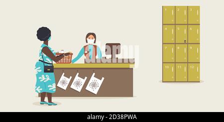 Magasin d'épicerie pendant l'épidémie de virus.supermarché caissier dans le masque de visage est derrière la caisse de caisse servir la femme âgée plump afro avec panier Banque D'Images