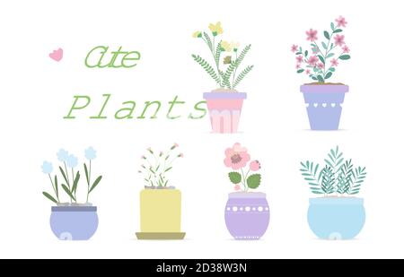 Ensemble de jolis pots à fleurs vectorisées pour la décoration de la maison dans des couleurs pastel. Illustration vectorielle plate dans un design moderne. Six jolies plantes ornementales isolées avec des fleurs ou de grandes feuilles. Image pour décoration intérieure, cartes postales, bannières, publicités. Illustration de Vecteur