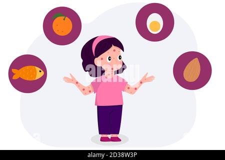 Adorable petite fille de dessin animé avec des boutons rouges pensant aux allergies alimentaires: Poisson, agrumes, oeufs, noix. L'intolérance alimentaire et les enfants allergie alimentaire vecteur concept Illustration de Vecteur