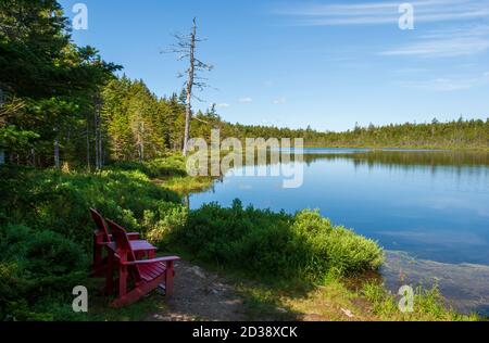 Chaises rouges dans un point de vue panoramique surplombant le lac Laverty. Forêt d'épinettes et de nains sur la rive du lac. Parc national Fundy, Nouveau-Brunswick, Canada. Banque D'Images