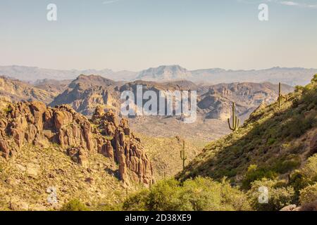 Environnement désertique avec des saguaros au coucher du soleil dans la région sauvage de Superstition dans les montagnes de Superstition depuis le canyon de Peralta à Apache Junction, Arizona Banque D'Images