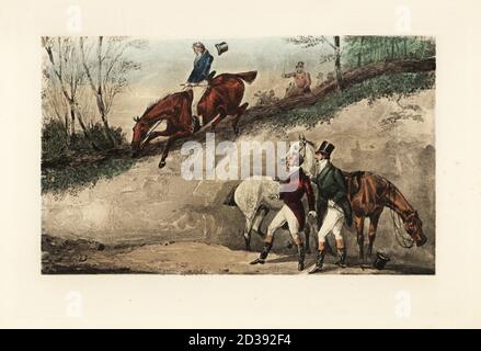 Anglais gentleman à cheval faisant un saut d'un remblai raide, 19e siècle. D'autres dandies regardent depuis le sol. Mytton prend une goutte aussi haut qu'une maison. Télécopie Chromolithographique d'une illustration de Henry Thomas Alken de Memoirs of the Life of the late John Mytton de Nimrod aka Charles James Apperley, Kegan Paul, Londres, 1900. Banque D'Images