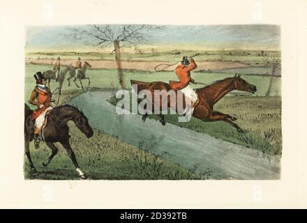 Anglais gentleman sautant à cheval sur un ruisseau pendant une chasse. John Mytton, sur Baronet, dégage neuf yards d'eau. Télécopie Chromolithographique d'une illustration de Henry Thomas Alken de Memoirs of the Life of the late John Mytton de Nimrod aka Charles James Apperley, Kegan Paul, Londres, 1900. Banque D'Images