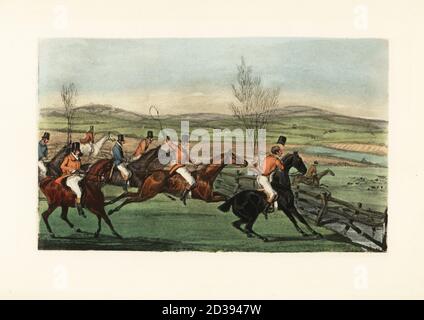 Anglais gentleman tombant à une ha-ha ou une clôture en contrebas pendant une chasse au renard. Mytton est tombé et a été blessé à un ha-ha le jour de Shavington, le 7 avril 1829. Maintenant pour l'honneur de Shropshire! Le jour de Shavington; un procès de paquets rivaux et par conséquent de cavaliers rivaux. Télécopie Chromolithographique d'une illustration de Henry Thomas Alken de Memoirs of the Life of the late John Mytton de Nimrod aka Charles James Apperley, Kegan Paul, Londres, 1900. Banque D'Images