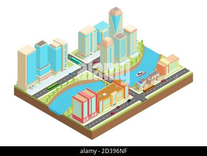 Illustration isométrique d'une ville avec une rivière, des voitures, des yachts, des bâtiments et des maisons urbains. Banque D'Images