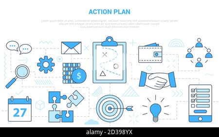 concept de plan d'action d'entreprise avec bannière de modèle d'ensemble d'icônes avec style moderne de couleur bleue Illustration de Vecteur