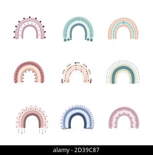 Arc-en-ciel de style boho. Jolis arcs-en-ciel dans des couleurs pastel. Affiche imprimable scandinave pour la salle de jeux et les enfants. Éléments d'art Doodle. Vecteur moderne Illustration de Vecteur