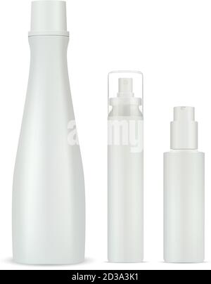 Kit de maquillage pour shampooings cosmétiques, pulvérisateurs et distributeurs de bouteilles de pompe. Pots cosmétiques pour gel, liquide, hydratant, après-shampooing.Clean 3d Detalied Vector illu Illustration de Vecteur