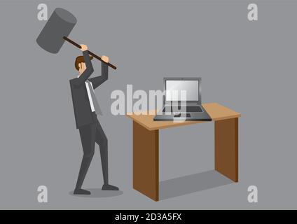 Homme d'affaires tenant un énorme maillet, prêt à écraser ordinateur portable sur table. Illustration de dessin animé vecteur de concept créatif isolée sur fond gris. Illustration de Vecteur